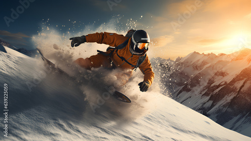 extreme snowboarder jumping on mountain top. 
