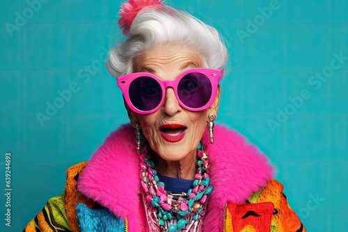 funny fashionable old lady on blue background