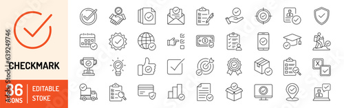 Checkmark editable stroke outline Icons set. Check, approve, ticks, quality check, confirm, correct, checklist and verified. Vector illustration