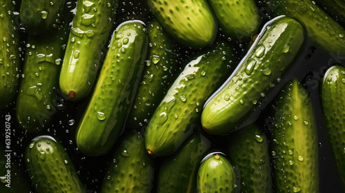 Crunchy green pickles with waterdrops