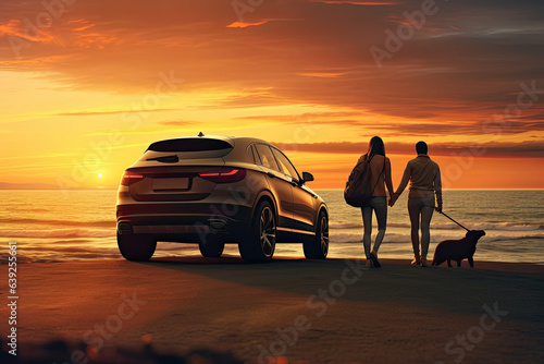 cute family and car on road at the sea