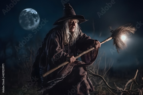 An old and ugly witch with an evil flying fast on a broom outside at night while there is a full moon. Halloween theme, cinematic lighting. Generative AI