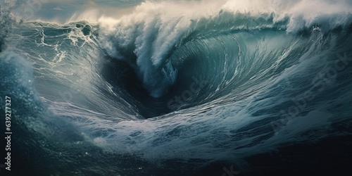 Inside view of the huge breaking wave of the sea.