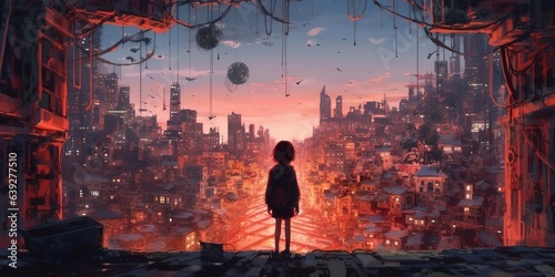 Lonely girl finding her goal in an abandoned future city, anime style, generative ai technology