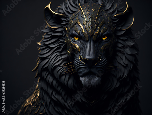 3D render of a horned lion against a black background