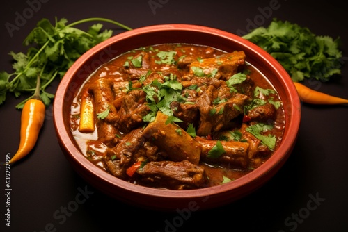 Aromatic delight Mutton gosht rogan josh, Indian masala, showcased in a focused bowl Generative AI
