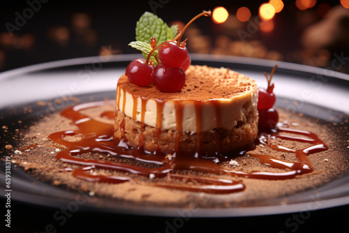 Food photography, cheese cake, cinnamon, in a luxurious Michelin kitchen style, depth of field, ultra detailed, uplight, natural features