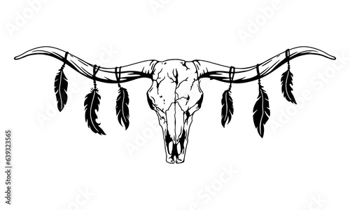 Texas longhorn black and white vector illustration. Longhorn skull with feathers, clipart. Silhouette Texas Longhorn. Bull Head Logo Icon.