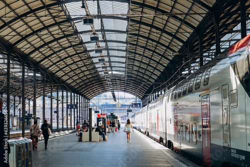 Lucerne, Switzerland - August 10, 2023: Platform at Lucerne Central Railway Station, Switzerland