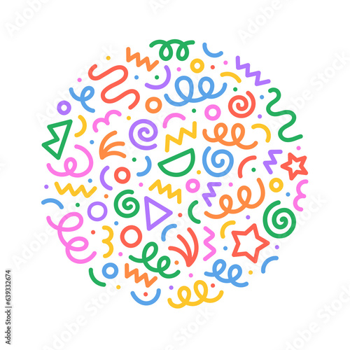 Fun colorful abstract line doodle circle shape. Creative minimalist style art round symbol for children or party celebration with modern shapes. Simple upbeat circular drawing scribble decoration.