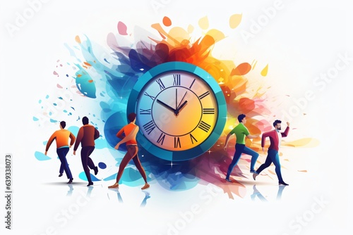 Colorful graphic illustration of people running around for deadlines with a big clock