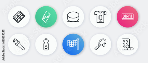 Set line Checkered flag, Ribbon in finishing line, Torch flame, Tennis racket with ball, Football jersey and t-shirt, Hockey puck, Sports doping dumbbell and Fitness shaker icon. Vector