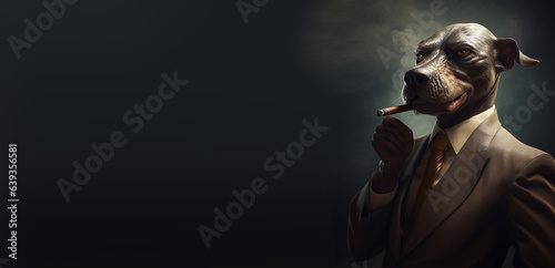 Big dog in stylish trendy suit with a tie smokes cigar on black background. Man with animal head art design. 