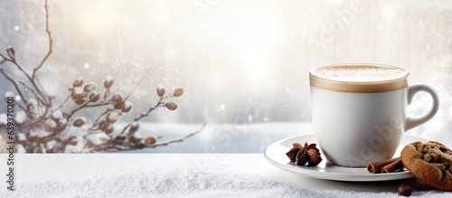 Winter drink cappuccino and cookies on windowsill indoors editable space