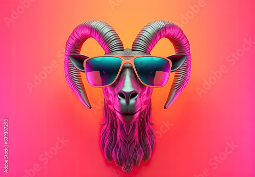 Muzzle of a fashionable he-goat. Painted figurine of billy-goat wearing sunglasses on gradient background. Animal fashion. Funny digital art. Printable design for t-shirt, bag and other products.