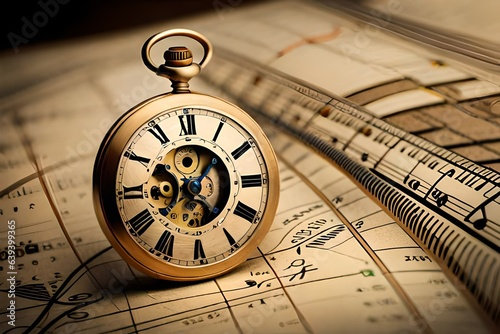 an antique pocket watch, its gears and springs , set against a background of faded antique maps