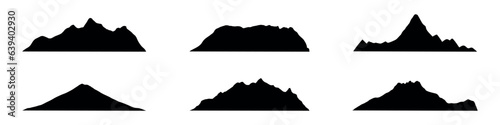 Mountain icon with silhouette range. Outline of alps with snowy tops, hills and black rocks. Flat vector illustrations isolated in background.