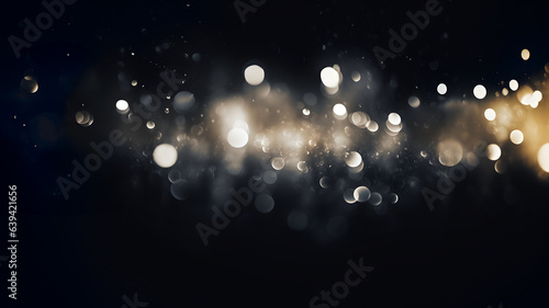 Silver bokeh, white raining light, blurry lights, blurry background, grey confettis on a black background, black and white, night lights, city lights, haze, depth of field, round bokeh, circle bokeh