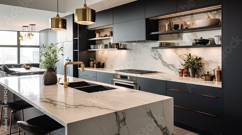 A contemporary, chic kitchen in Chicago featuring stylish black and white cabinets, golden fixtures, and marble tiles.