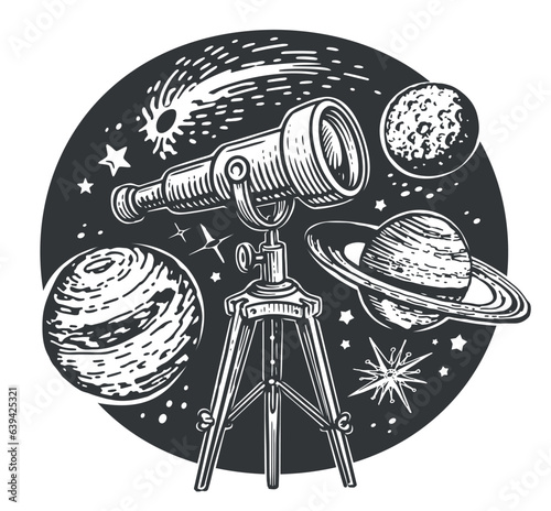 Space exploration. Telescope, stars and planets. Astronomy concept. Vintage vector illustration