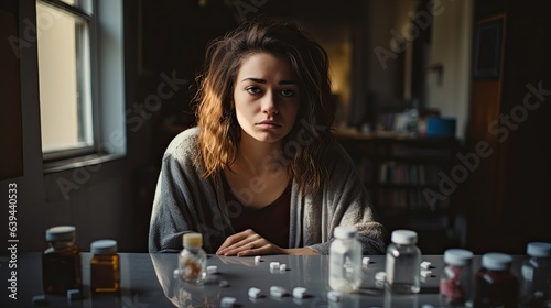 A woman with signs of depression taking prescription pills
