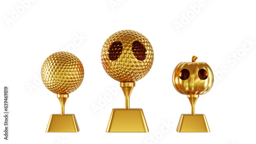 golden golf Halloween set gold golf ball and jack o lantern pumpkin with golf tee on golden podium 3D rendering