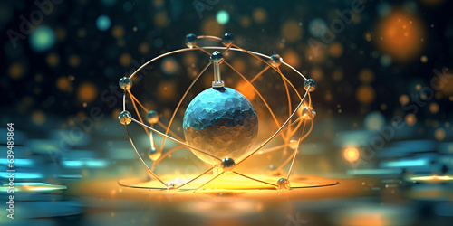 Abstract 3d model of an atom on blur background Atomic structure for chemistry science banner