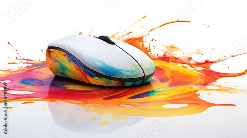 A white computer mouse with a colorful splash of paint behind it and a cord on a white background