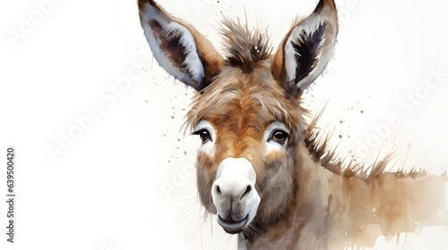 A watercolor illustration of a light brown donkey with dark ears and a curious look