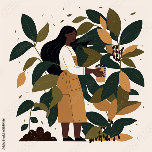 A woman is harvesting a coffee tree with a basket in her hands. Coffee production farm. Design for package