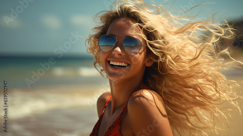 Happy blond girl on vaccation at summer time