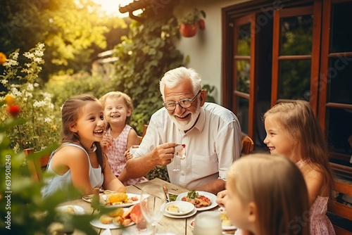 Happy Senior Grandfather Talking and Having Fun with His Grandchildren, Holding Them on Lap at a Outdoors Dinner with Food and Drinks. Adults at a Garden Party Together with Kids