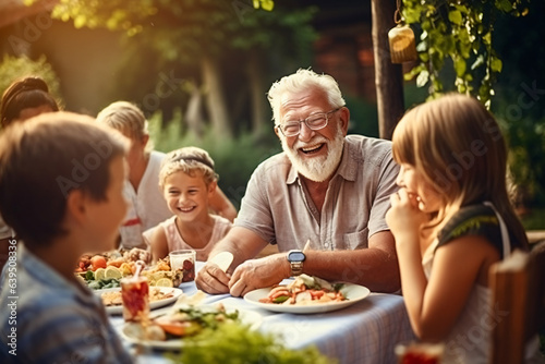 Happy Senior Grandfather Talking and Having Fun with His Grandchildren, Holding Them on Lap at a Outdoors Dinner with Food and Drinks. Adults at a Garden Party Together with Kids