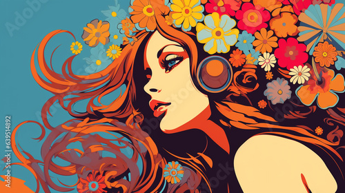 Hippie girl in pop art comic style, retro hippie woman with blonde hair and flower vector illustration, Created using generative AI tools