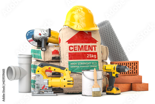 Construction materials and tools isolated on white background.