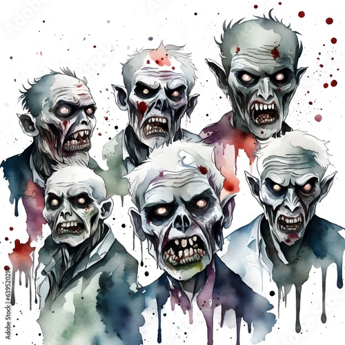 Scary zombies done in watercolor style suitable for Halloween. 