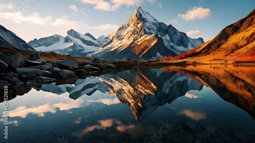 Sunset at a calm mountain lake in Austria with mirror-like reflection, AI Generative