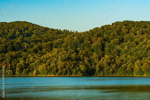 mountains covered with forest by the lake