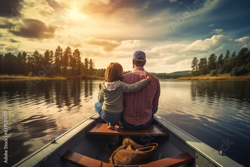 Happy family on a pontoon boat, fishing together on a tranquil lake. Ai generated
