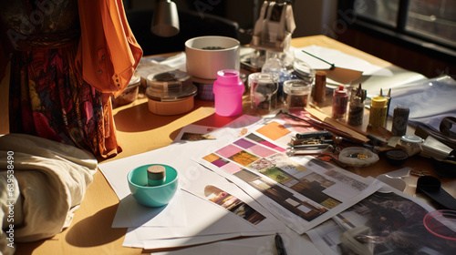 a fashion designer's table: scattered sketches of various designs, vibrant fabric swatches, tape measure, a cup of coffee, and sewing accessories, under soft afternoon light