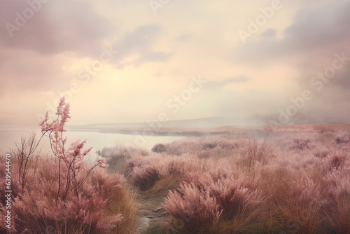 Misty pastel-colored heather field meets cloudy skyscape in a serene and tranquil countryside landscape.