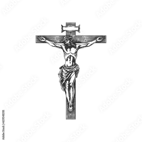 Crucifix cross with jesus sketch hand drawn. Vector illustration design.