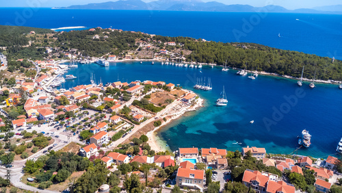 Aerial summer view of Fiskardo village harbor on Kefalonia island, Greece