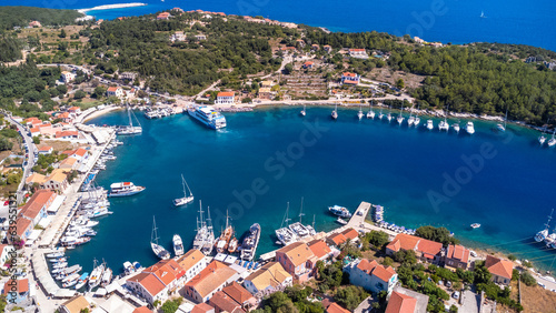 Aerial drone panorama of Fiskardo village port on Kefalonia island, Greece