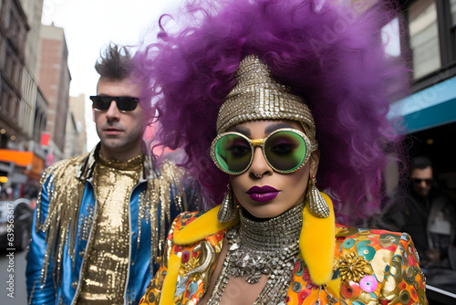 A portrait captures an exuberant woman in her 50s, flaunting purple hair and sporting green reflective sunglasses. Her vibrant personality is accentuated by an amazing yellow jacket and outfit. 