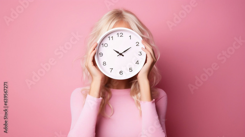  beautiful woman in pink hiding her face with pink clock