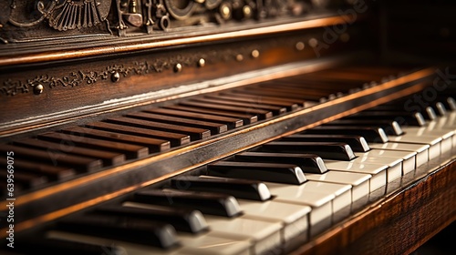Close view of dusty vintage piano keys. Created with Generative Ai technology.