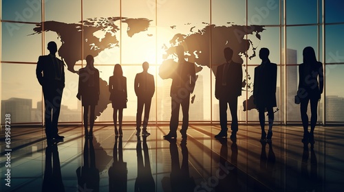 silhouette Group of business people standing on map world background