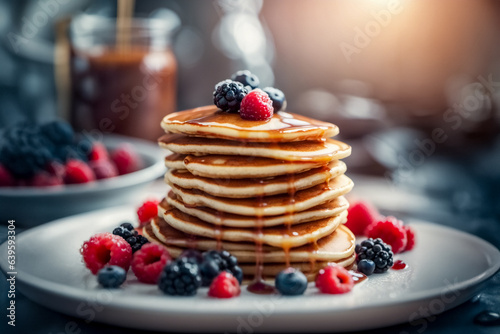 Pancake su tavola mirtilli e lamponi pronto per essere servito