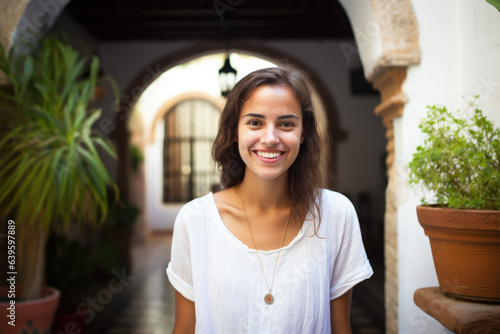 Portrait of a happy smiling Hispanic woman outdoors in the courtyard of a spanish style house